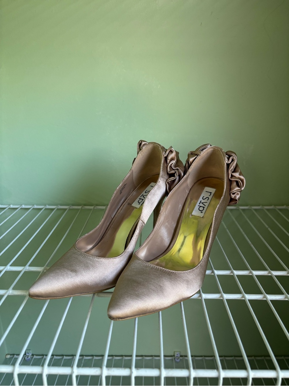 RSVP Satin Pointed-Toe Pumps with Ruffle Heel in Champagne